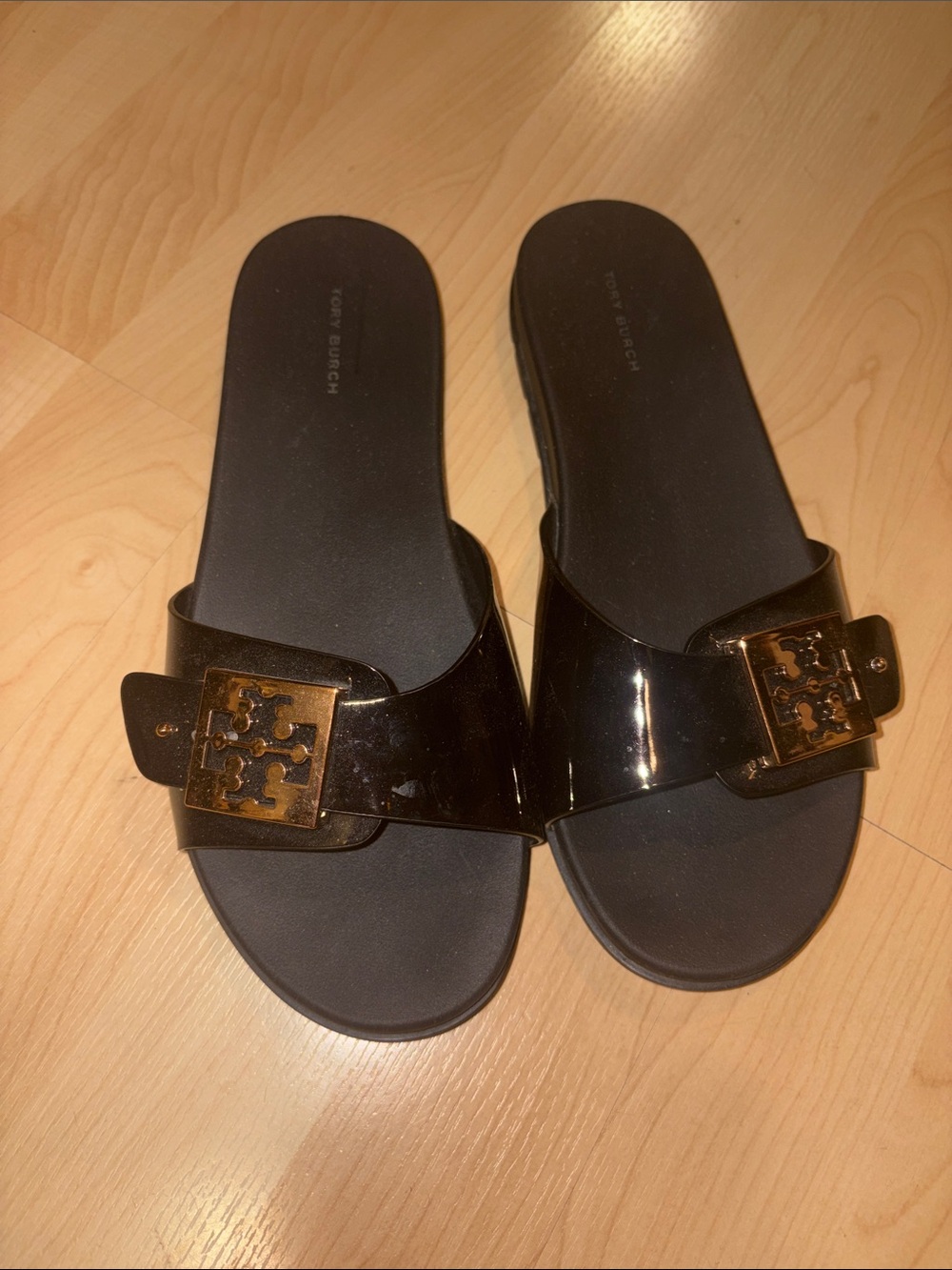 Tory Burch Black Patent Slide Sandals with Gold Logo Buckle 9